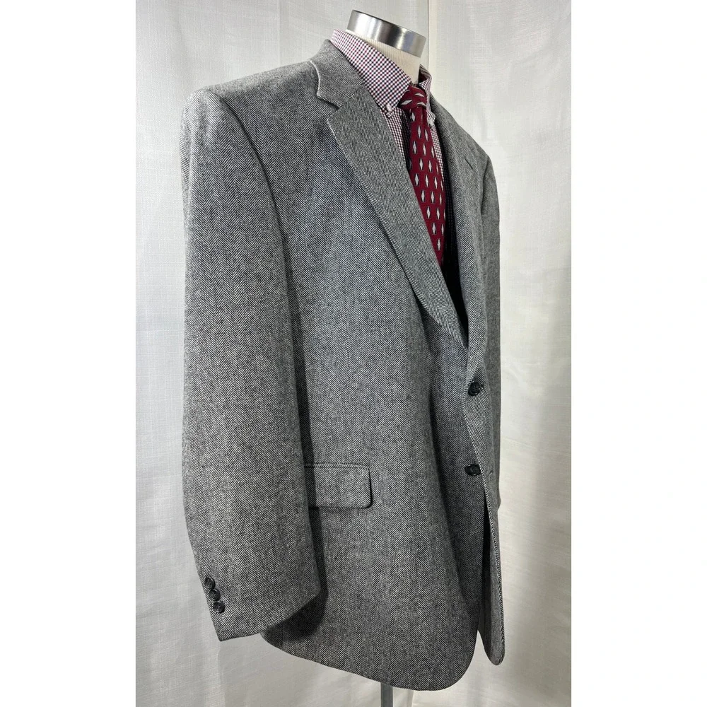 Vintage Bill Blass 100% Cashmere Gray Herringbone Sport Coat Blazer 50R
